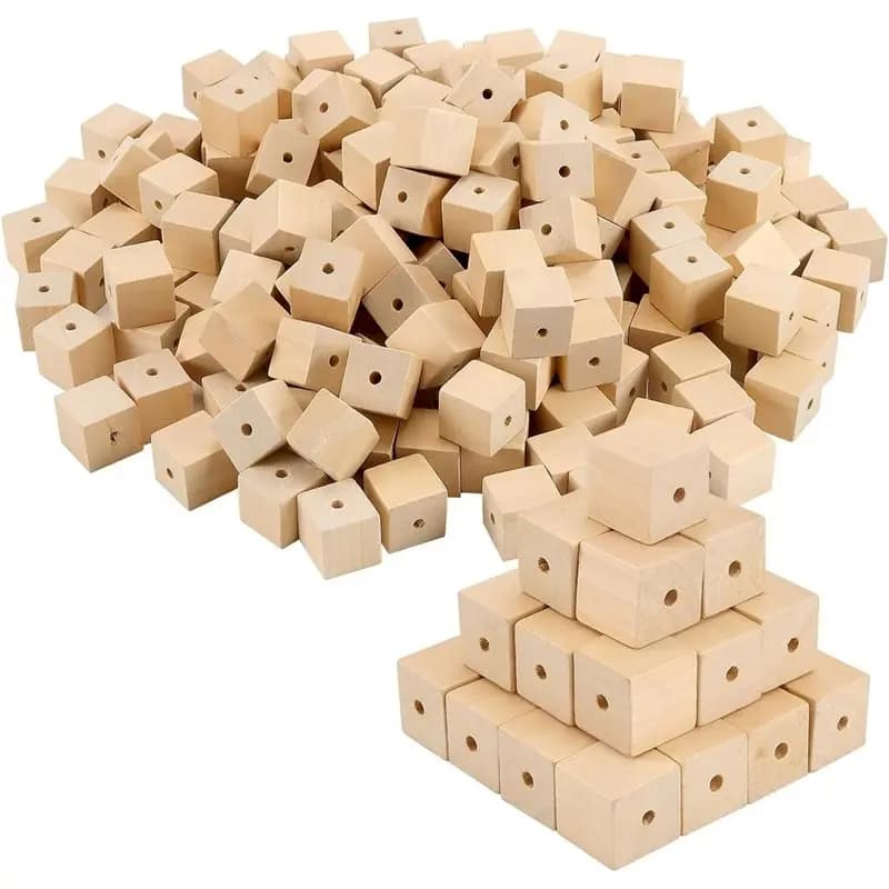 WCS-Wooden Square Beads 1Inch Wood Cubes 200 PCS With Holes, Unfinished Solid Wood Blocks For Craft, DIY Projects