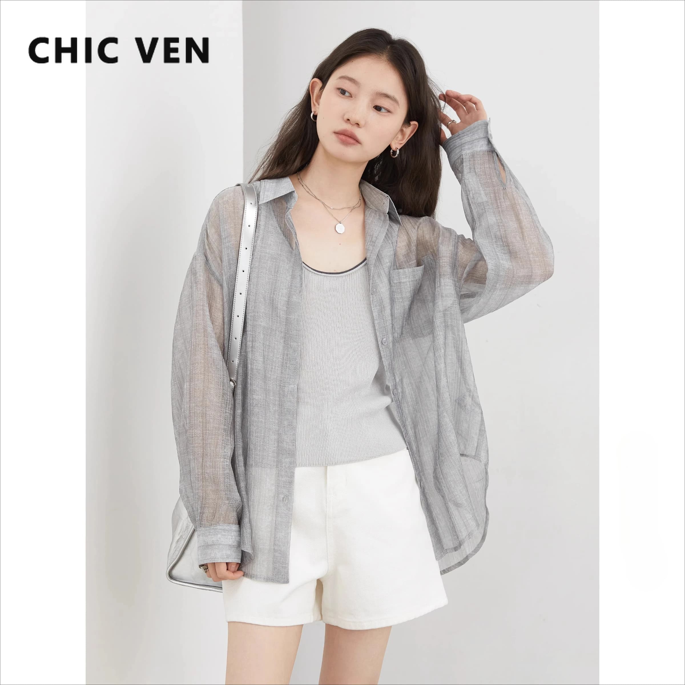 CHIC VEN Camicia da donna Allentata Casual Solido Leggero Protezione solare Camicette Contrasto Ragazza Canotta Set Primavera Estate 2025