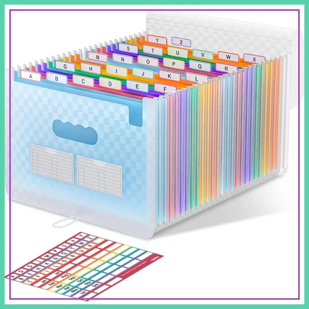Cartella Portadocumenti Espandibile a 26 Tasche, con Linguette Colorate A-Z, Formato Letter/A4, Organizzatore per Fatture e Ricevute - Blu