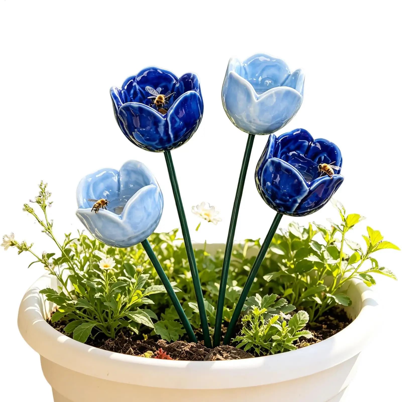 Flower Shaped Bee Watering Station ceramic Flower Garden Stake Bird Bath Butterfly Water Feeder Garden Bird Bath Bowls bee water