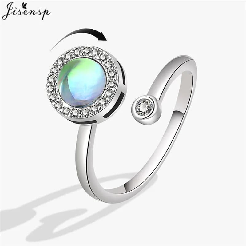 Trendy Rotatable Fidget Round Blue Crystal Ring Anti Anxiety Spinner Knuckle Jewelry Girls Engagement Rings Gifts Accessories