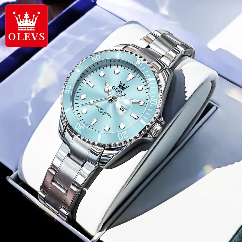 OLEVS Women's Watches Classic Fashion Stainless Steel Original Quartz Wristwatch for Lady Sky Blue Dial Waterproof Big Date 5885