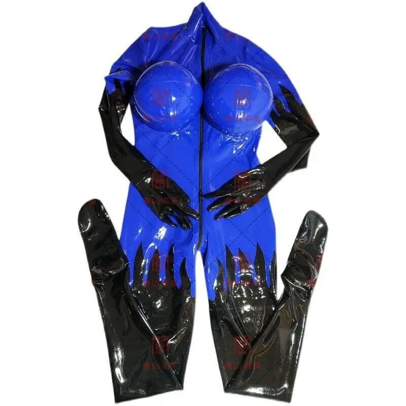 Catsuit in lattice con seno gonfiabile, guanti blu scuro e neri, calzini con cerniera frontale