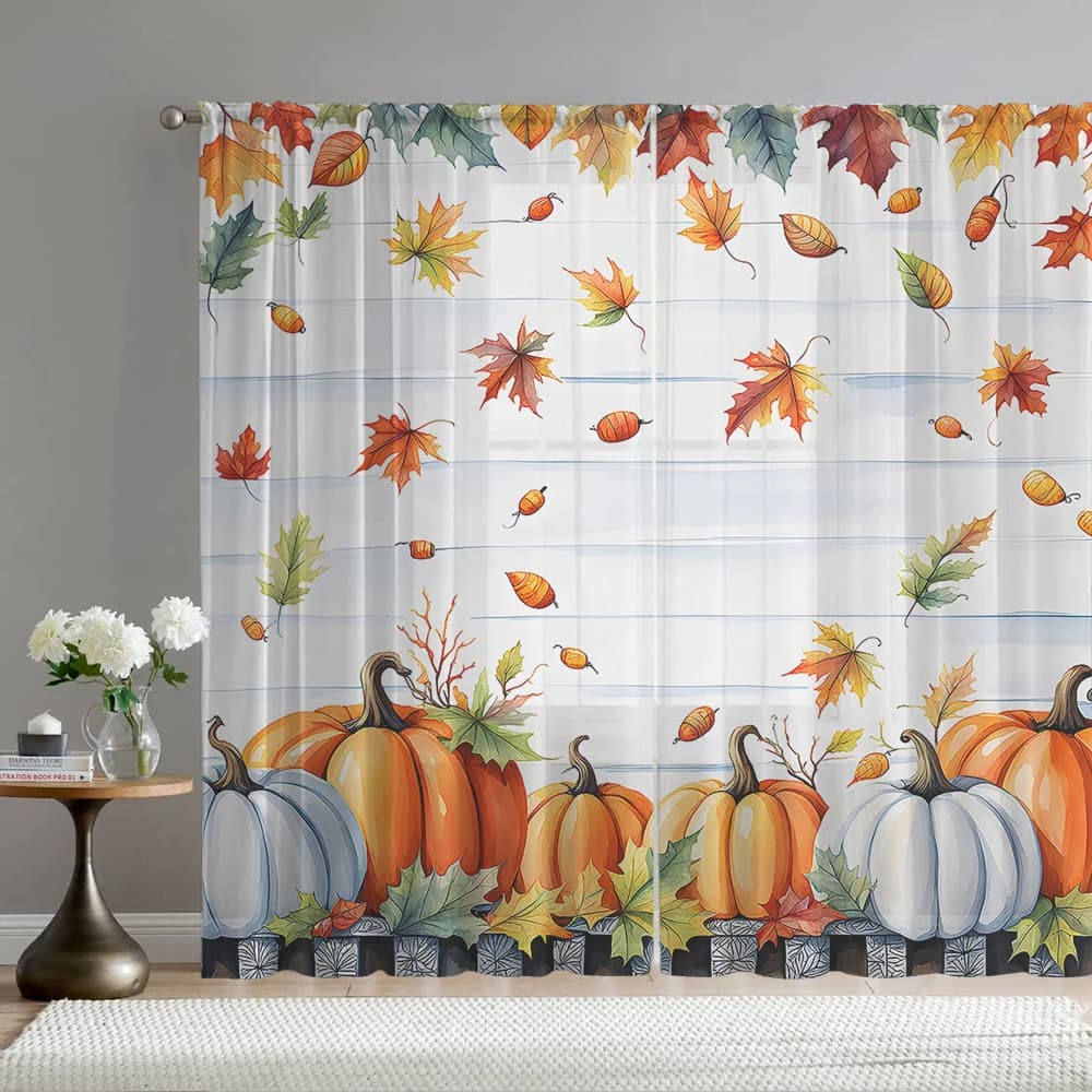 2PCS Home decoration printed window screens, pumpkin maple leaves, with pole bags, suitable for kitchens, cafes, and living room