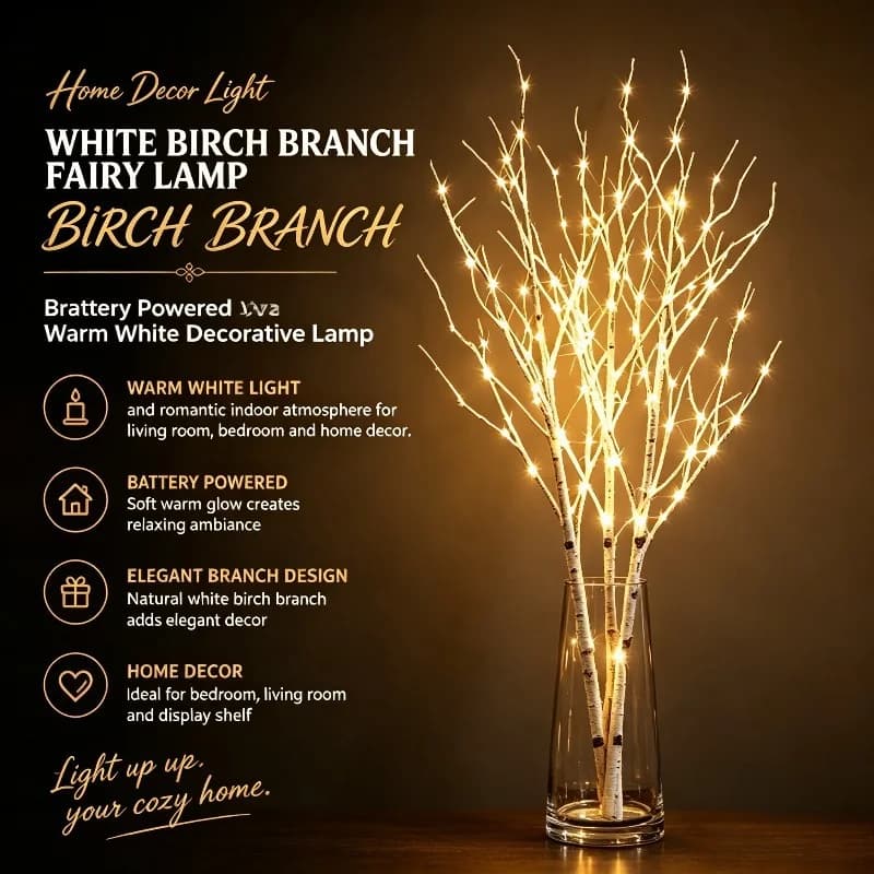 Battery Operated White Birch Branch Fairy Lamp Warm White LED Decorative Twig Light for Home Indoor Ambient Atmosphere Decorat