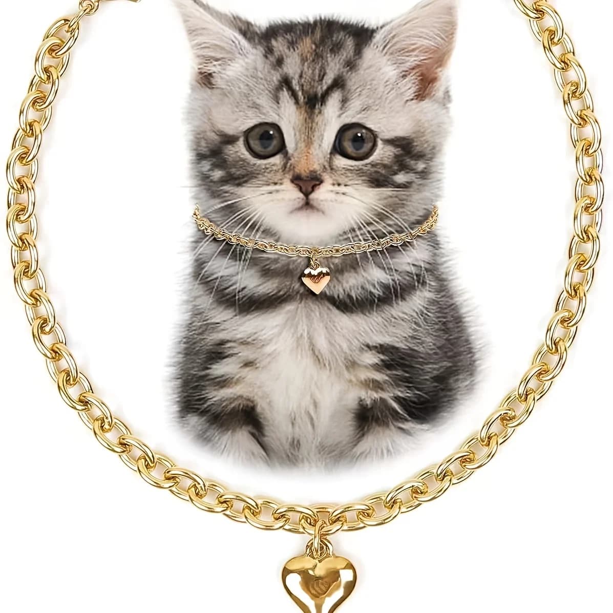 Waterproof Stainless Steel 18K Gold Heart-Shaped Dog Collar Cat Chain Necklace for Small Pets Cats Kitten Puppy 7inch