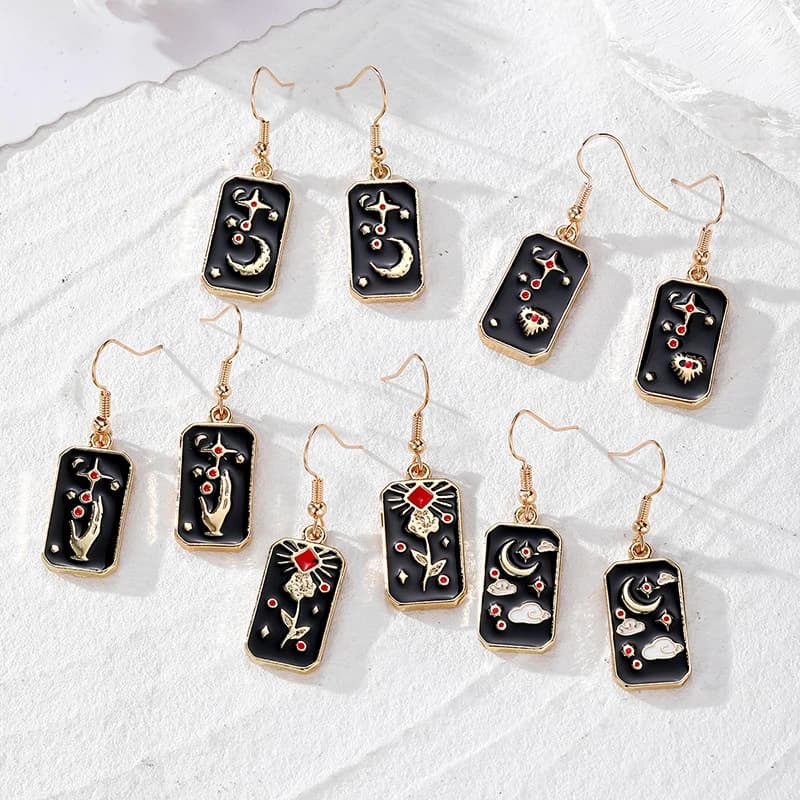 1 paio di orecchini a cerchio in lega di smalto rosa luna stella per le donne vintage punk occhio mano tarocchi gioco di carte ciondolo cerchio orecchino gioielli