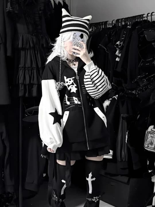 Felpa con cappuccio con stampa cartoon patchwork in bianco e nero punk stile Harajuku Pantaloni lunghi casual Stile college Hot Girl Outfit Primavera Autunno