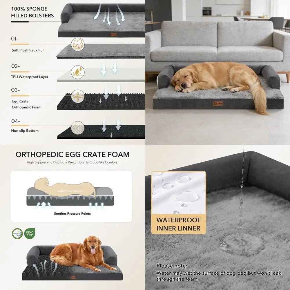 Letto Ortopedico Extra Large per Cani, XL in Schiuma Impermeabile con Rivestimento Rimovibile, Antiscivolo, Grigio Scuro