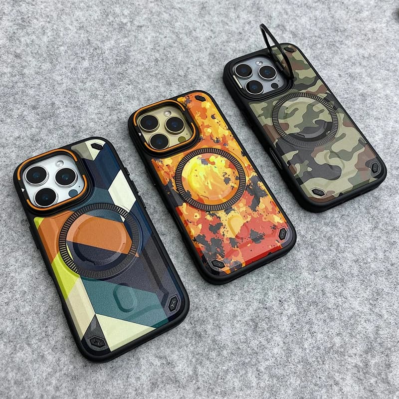Geometric Graffiti Camouflage for MagSafe Phone Case for iPhone 16 16pro max 15 14 Pro 13 12 Wireless Charging Lens Holder Cover