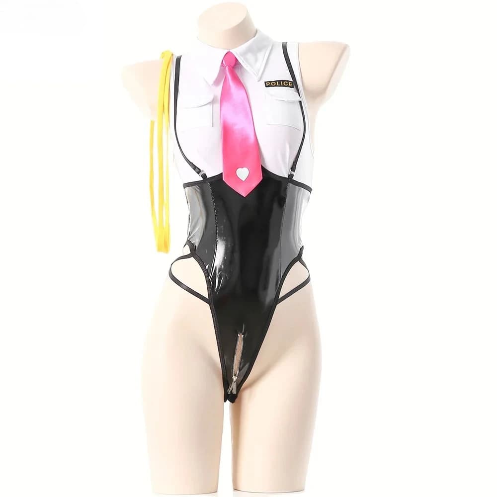 Anime Girl Police Uniform Office Woman Dresses Costume Cosplay Pu Leather with opening on the horse See through the underwear of the role game