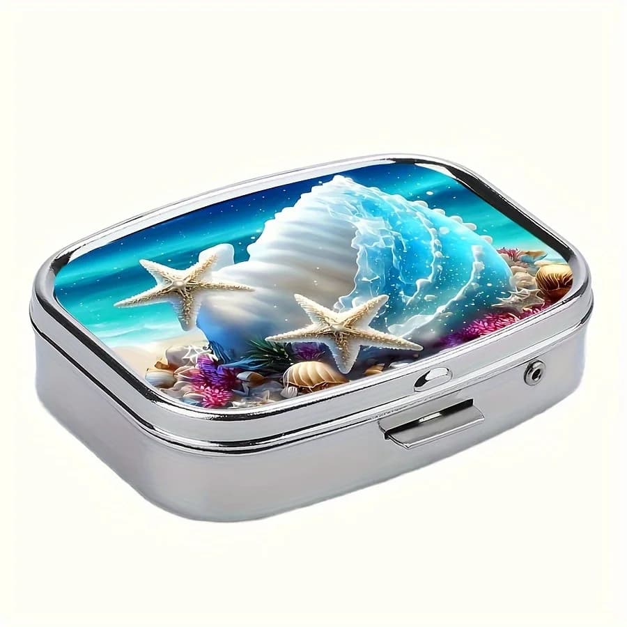 1 printed ocean-themed portable box, a compartmented metal box, a compact travel outdoor storage box for medicines and accessories, suitable for vitamins and supplements, ideal for environmental enthusiasts, wallet box
