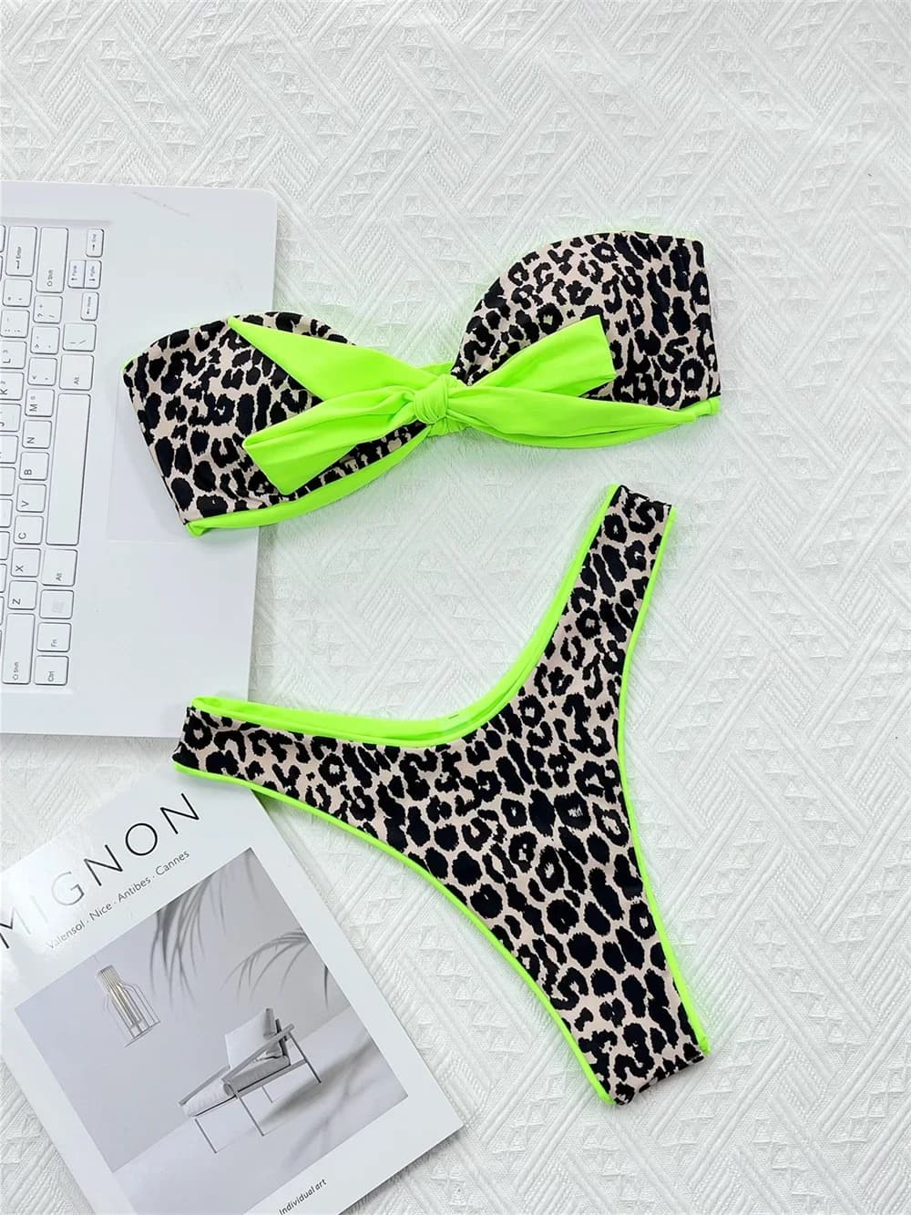 Sexy Leopard Bikini Knotted Bandeau Swimsuit Women Backless Vacation Swimwears Patchwork Y2K Beach Outfits Bathing Swimming Suit
