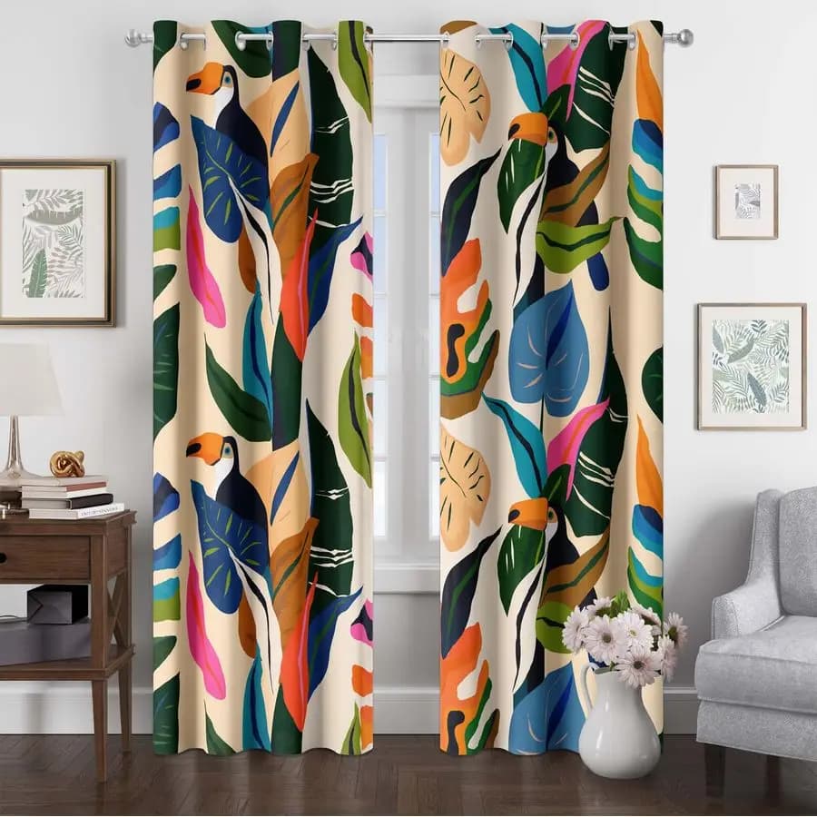 Tende con Piante Tropicali Colorate, Decorazioni per Finestre con Foglie di Palma Astratte, 213 cm di Lunghezza, Stile Boho con Uccelli Tucano della Giungla