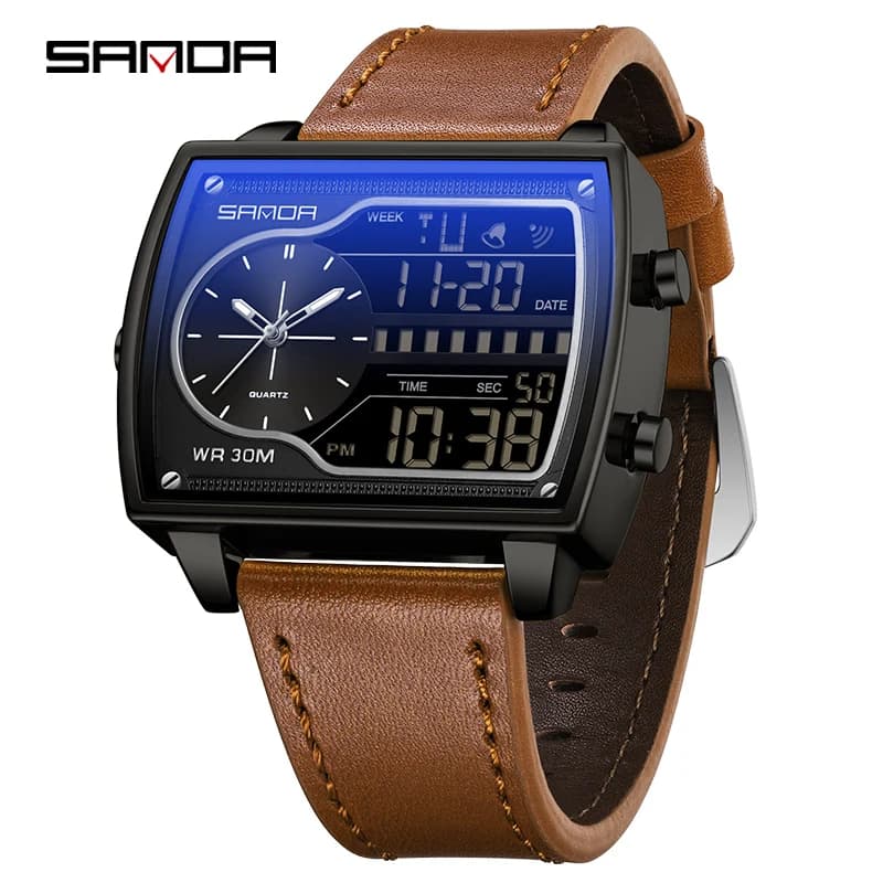 SANDA 6163 Nuovi Uomini Orologio Elettronico Digitale in Pelle al Quarzo Conto Orologi Sportivi Doppio Display Orologio da Polso Relogio Masculino