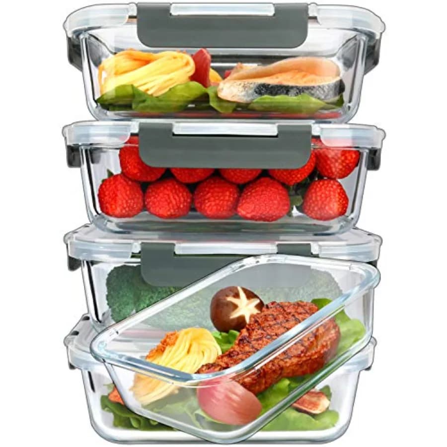 Set di 5 Contenitori in Vetro da 36 Oz per Preparazione Pasti con Coperchi a Chiusura Ermetica, Contenitori per Alimenti in Vetro, Contenitore per Pranzo Ermetico, Adatto per Microonde e Forno