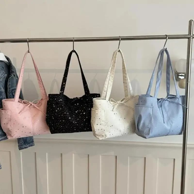 Light Blue Glitter Star Tote Bag With Bow Decor Multi Pockets Casual Handbag For School Shopping Travel Daily Outings