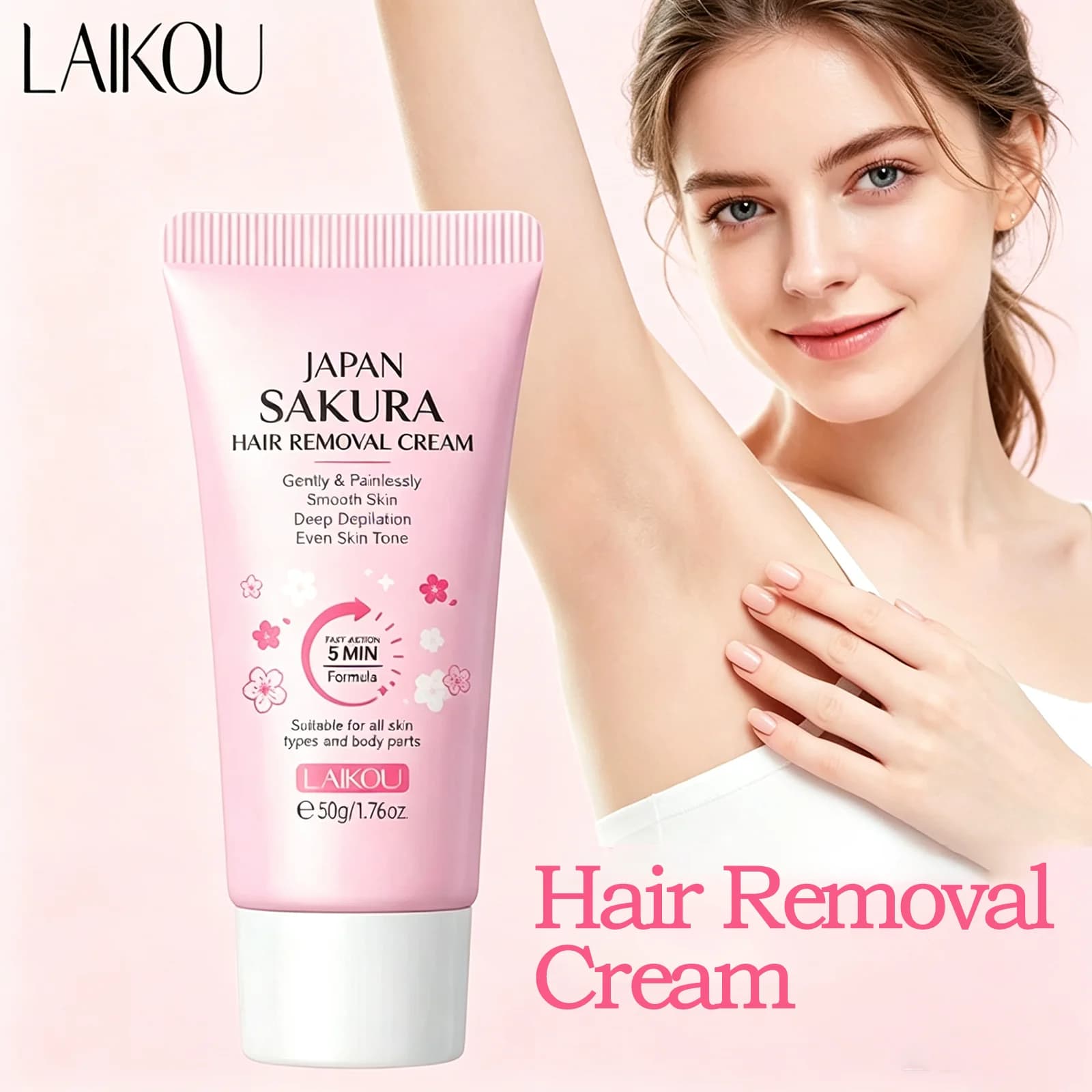 LAIKOU Crema Depilatoria Delicata al Sakura Giapponese per Pelle Liscia, Adatta a Tutti i Tipi di Pelle e Parti del Corpo, Cura Quotidiana 50g