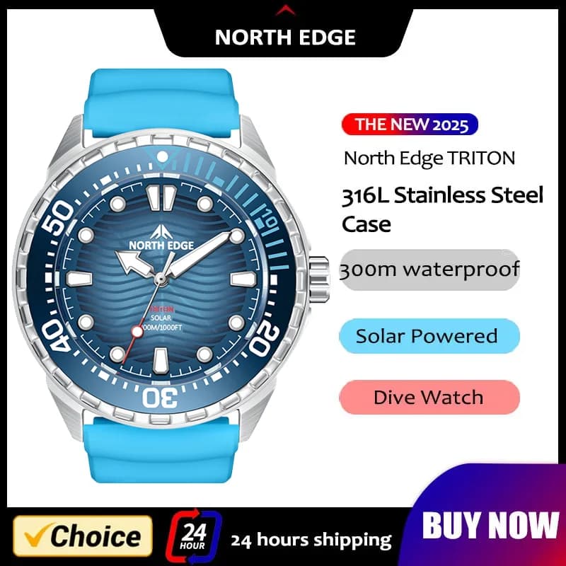 NORTH EDGE 2026 New TRITON Solar Powered Dive Watch Men Luxury Quartz Watches For Men 316L Stainless Steel Case Waterproof 300M