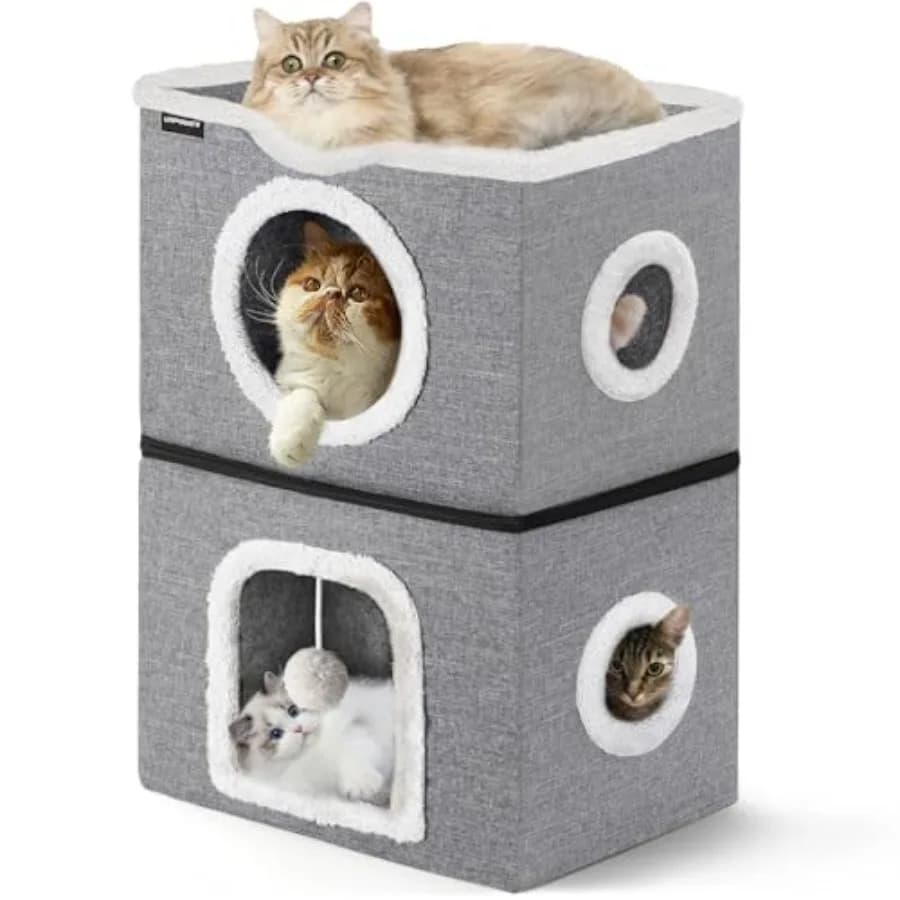 Cuccia per Gatti a 2 Piani, Grande Casetta per Gatti da Interno, Grotta Coperta con Tiragraffi e Palla Soffice, Cubo Pieghevole per Gatti