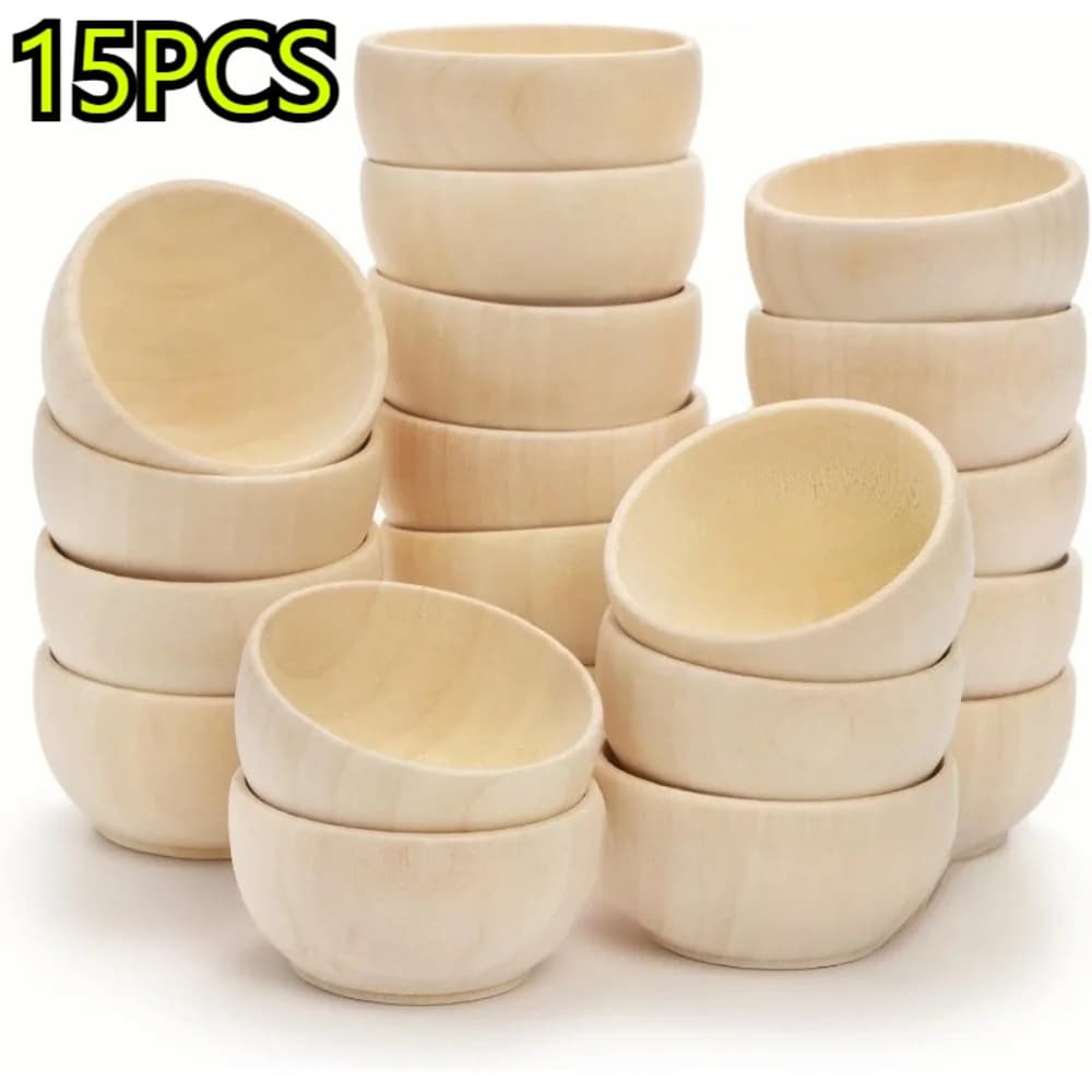 15pcs Set of Wooden Mini Bowls, Painting Possible, Round Design, Sauce Dipping, Nuts And Spices, Candy Storage Wooden Bowls