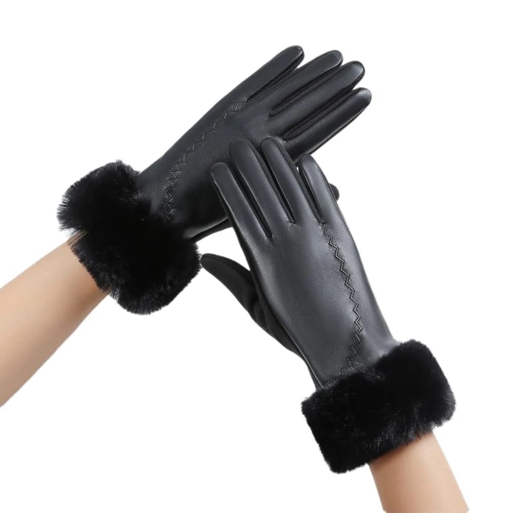 Fleece Lined Leather Gloves Fur Cuff Longer Wrist Winter Mittens Solid Color Anti-splash Water Thermal Handwear Daily Wear