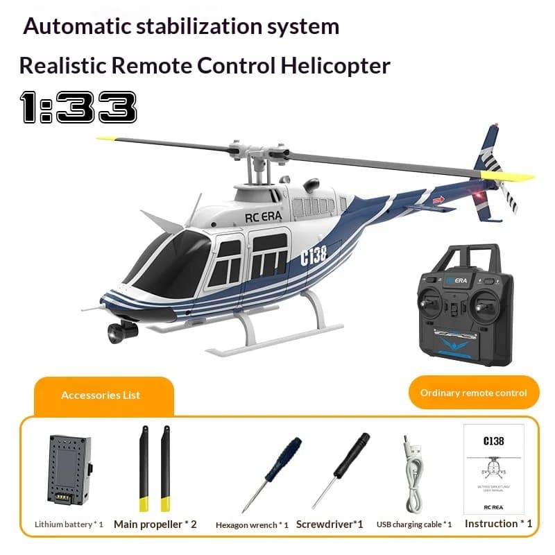 Elicottero RC Bell 206 C138 in Scala 1:33 con Posizionamento Ottico, 4/6 Canali, Monorotore Senza Flybar, Modello RTF