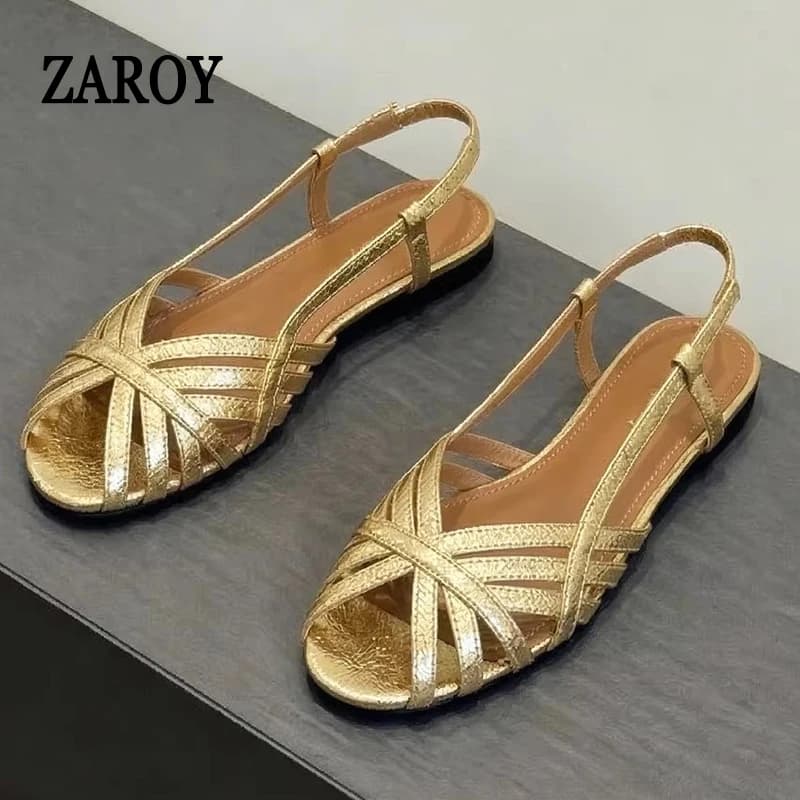 ZAROY Women's Designer Flat Sandals Summer Peep-toe Narrow Band Slingback Roman Shoes Beach Holiday Footwear Brand Sandalias