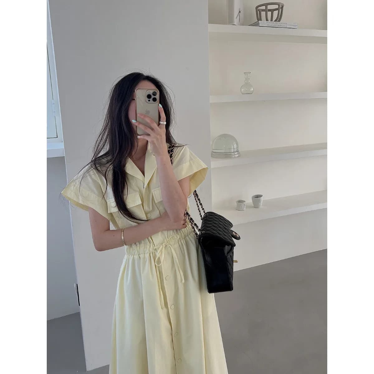 Fashionable Casual Korean Style Waist-Cinching Dress Summer 2026 Women's Dress Loose Fit Short Sleeve Flip Collar Single Button
