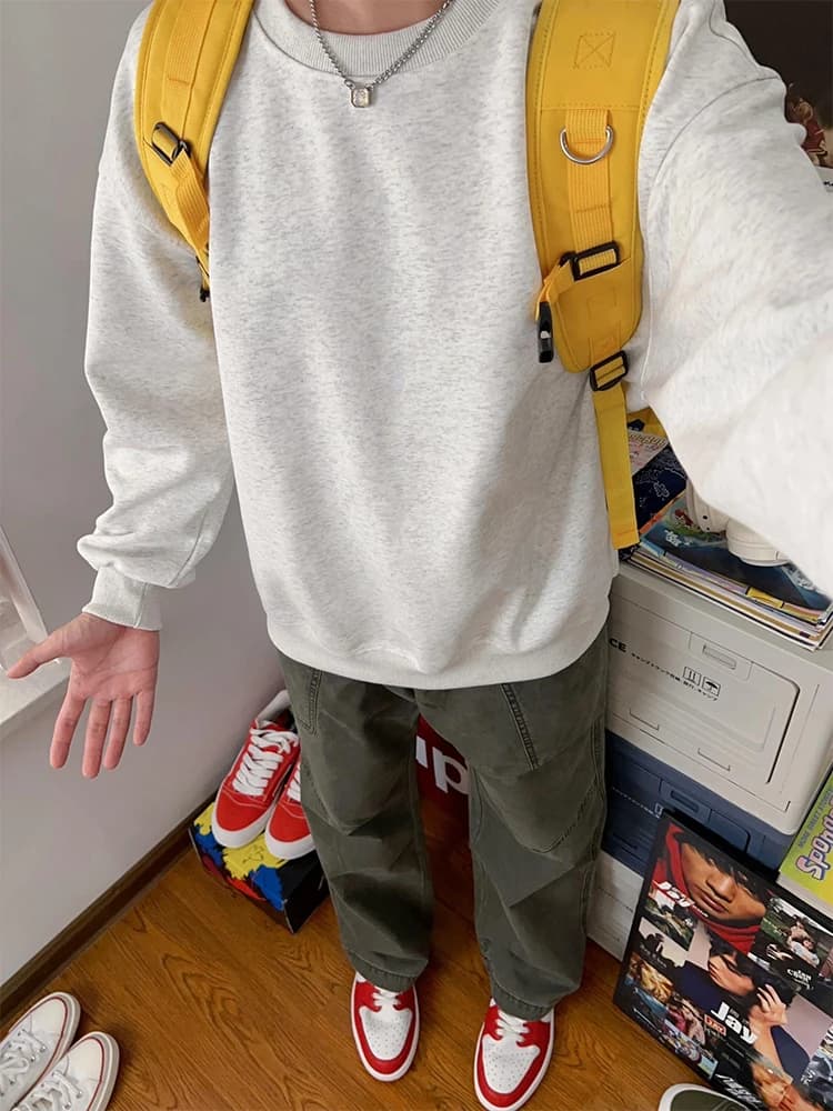 Felpa pesante senza cappuccio da uomo, stile autunno inverno, giacca Cleanfit alla moda, maglia girocollo bianca e grigia