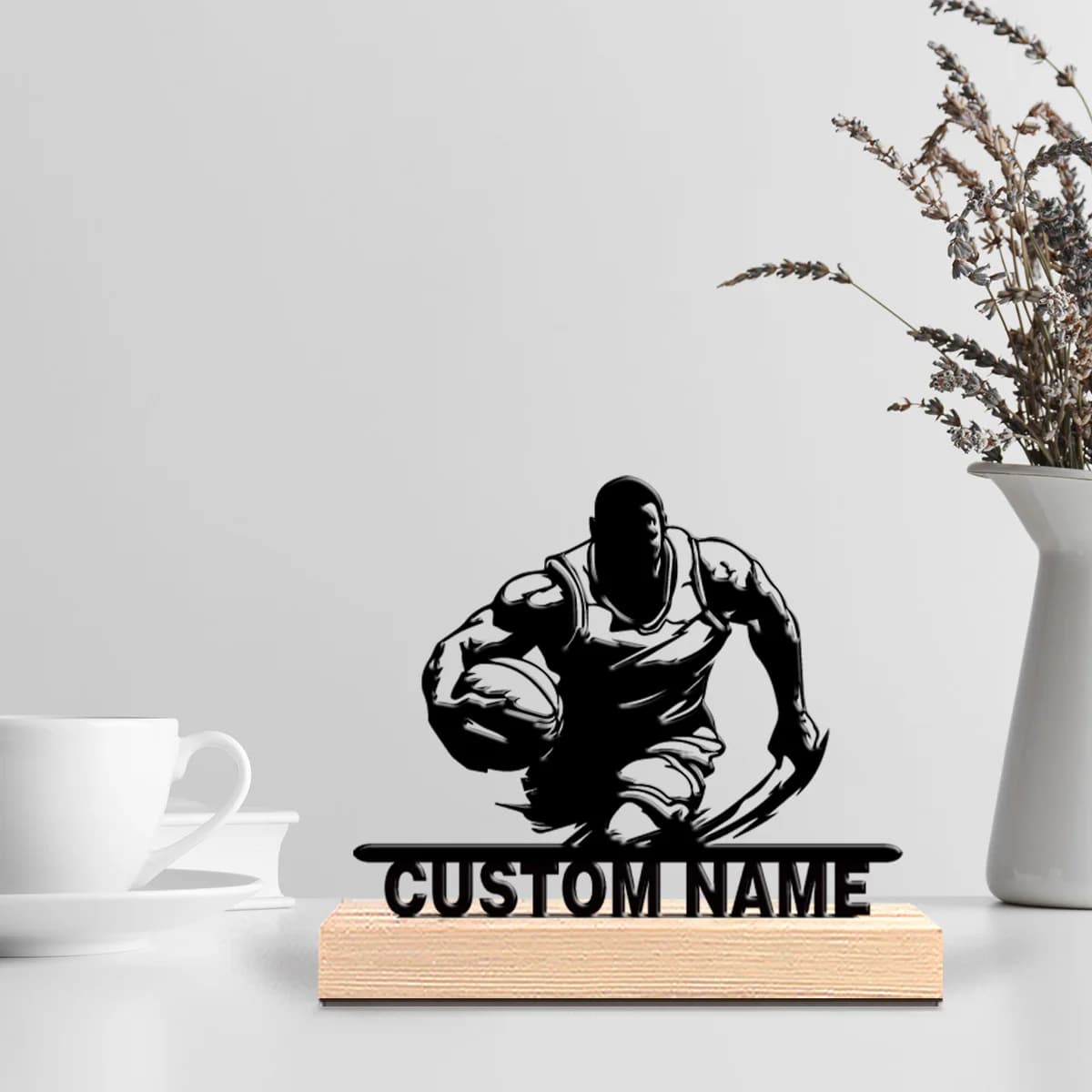 1 Pezzo Elegante Arte in Metallo Personalizzata per Giocatore di Basket con Base in Legno, Regalo per Appassionati di Basket da Tavolo
