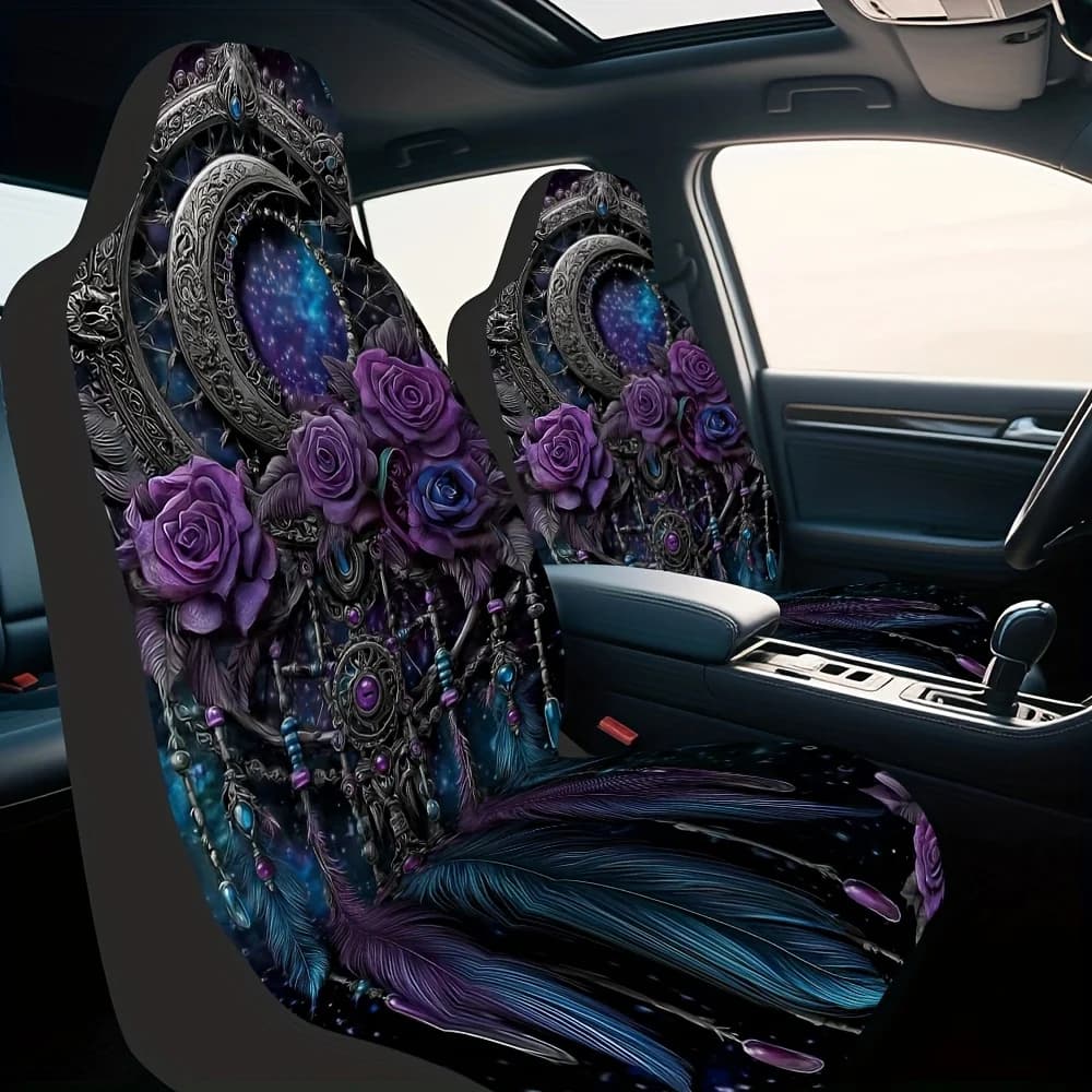 2pcs, Stylish Dreamcatcher With Moon Roses Pattern Seat Covers, Fit For Front Seats Of , SUV, And Truck, Keeps Front Seats Cle