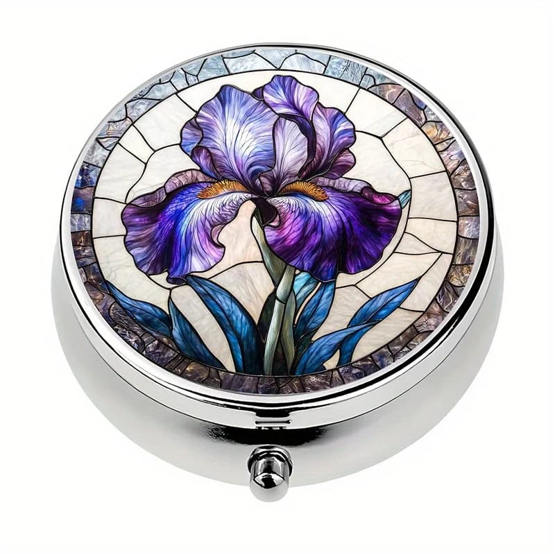 1 pill box with 3 compartments, iris flower stained glass design, mini pill box, portable for travel or as a wallet pill box, decorative vitamin pill box, suitable for travel or wallet