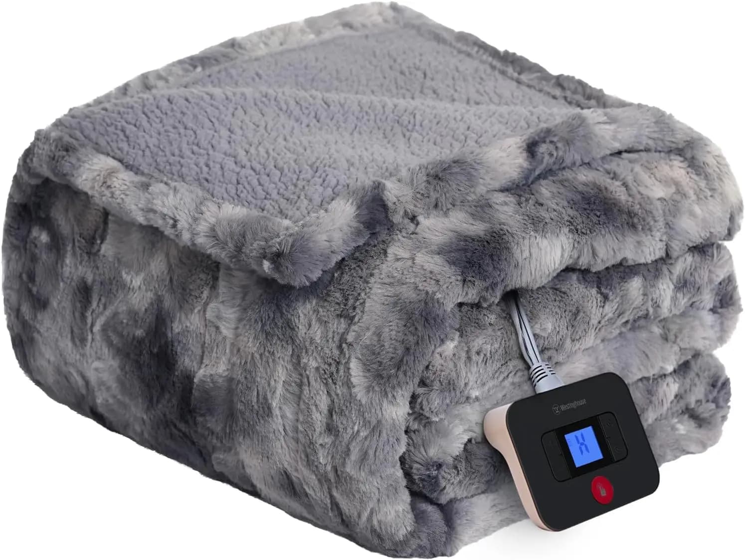 Coperta riscaldata in pelliccia sintetica doppia, 10 livelli di calore e spegnimento automatico, morbida Sherpa lavabile (62" x 84", grigia)