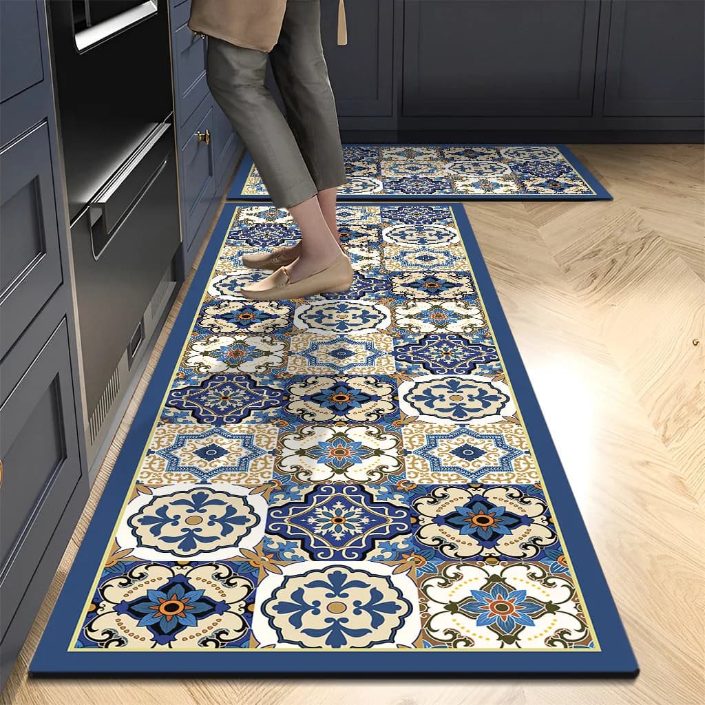 VIKAMA 1/2PC Retro American Kitchen Soft Diatomized Fango Long Striped Mat Combination of Waterproof Washing And Oil Trying Carpet