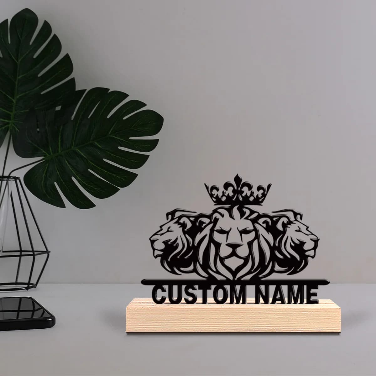 Custom Metal Statue with Three Lion Heads and Wood Base, Scientific Theme Table Decoration