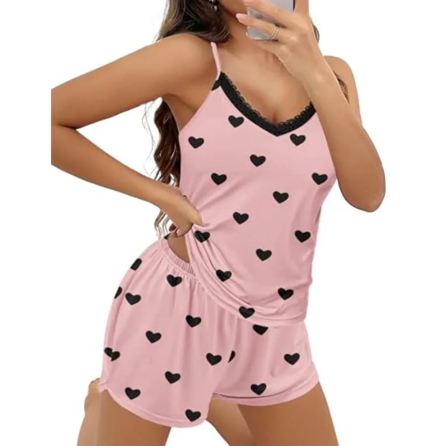 Ekouaer Pajama Sets for Women 2 Pcs Soft Lingerie Sleepwear Cute Print Cami Pj Shorts Set Lace Nightwear