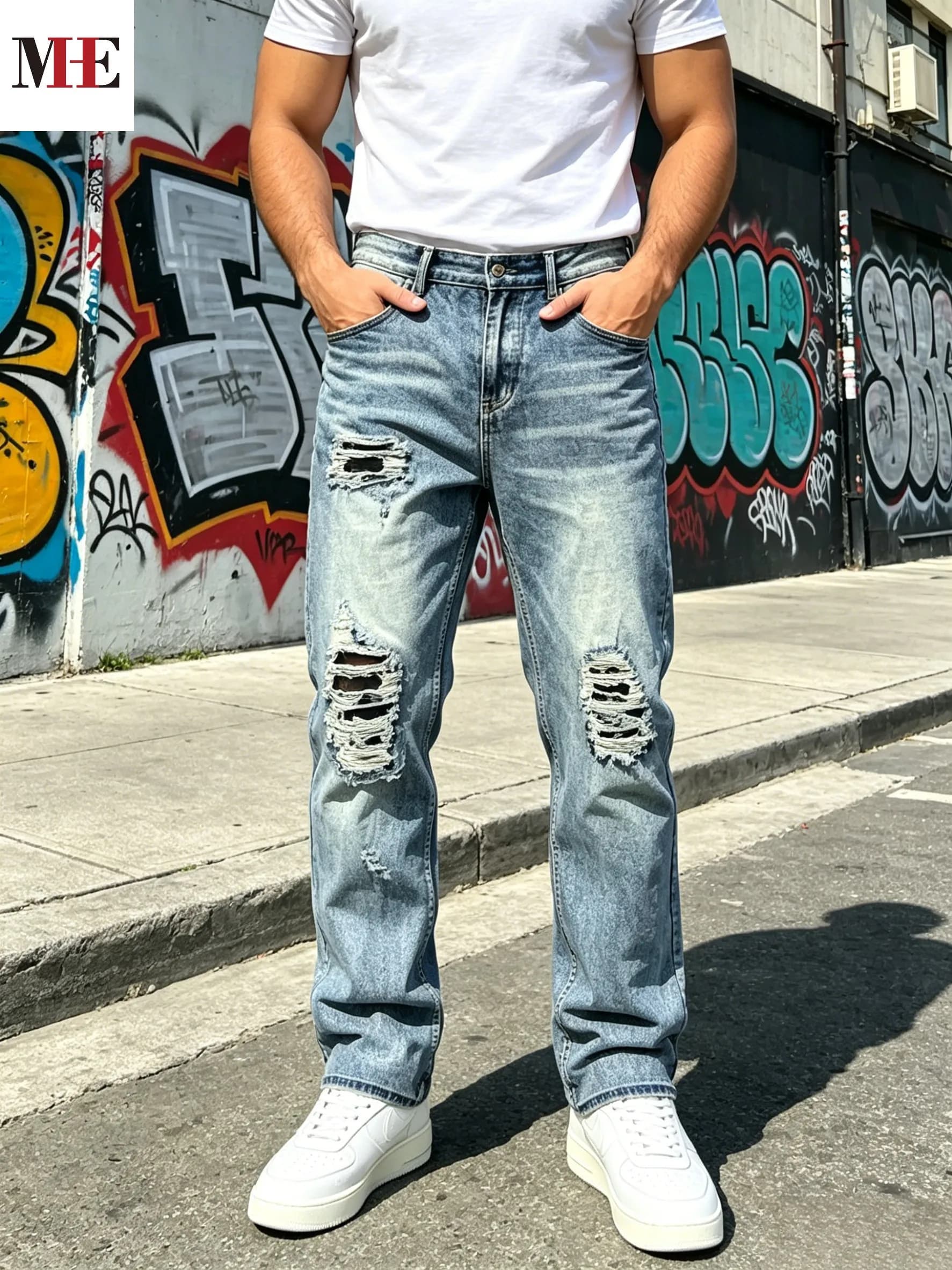HME Men's Light Blue Denim Pants, Straight Long Pants with Gradient Vintage Wash, Multi-Layer Frayed Rips & Black Inner Lining