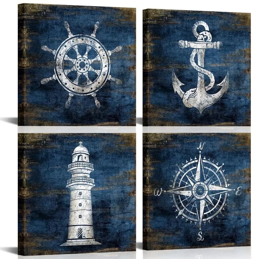 Tela nautica da parete, dipinti di ancoraggio per barche blu navy, timone, disegno, bussola, faro, stile rustico, spiaggia, decorazioni per la casa, pronto per