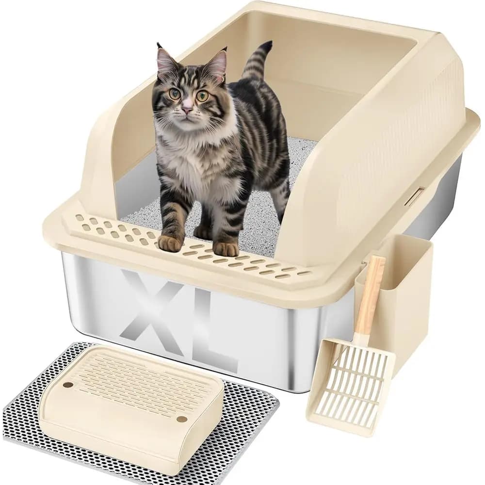 Lettiera per Gatti Extra Large Chiusa con Bordi Alti, Anti-Perdita e Facile da Pulire, Include Paletta, Tappetino Beige e Tappetino Assorbente