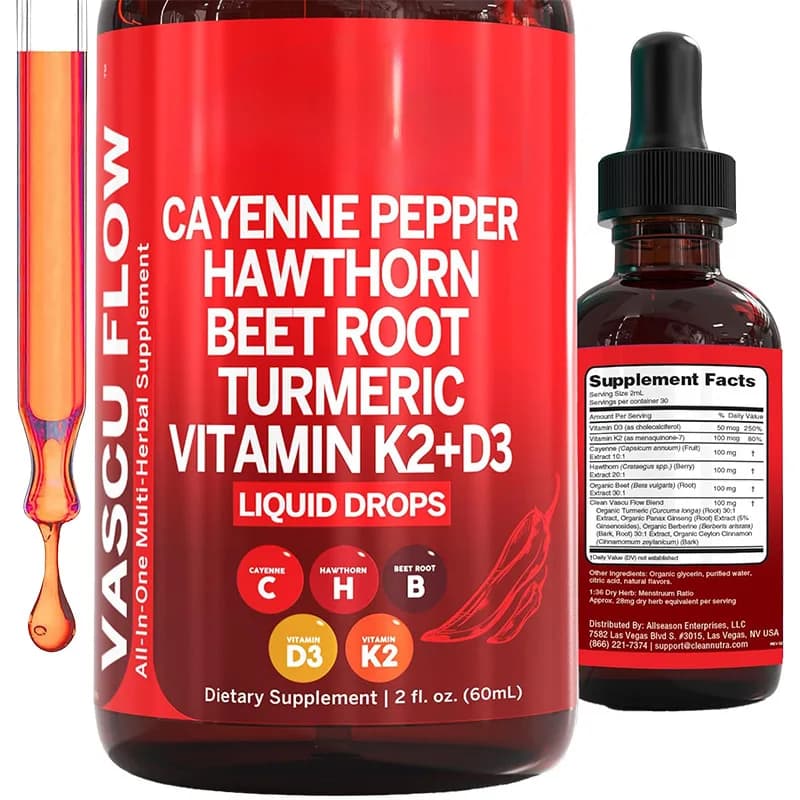 Cayenne pepper drops of 60 ml, organic Cayenne liquid pepper, Cayenne pepper hawthorn beet root curcumin, vitamin K2 and D3,