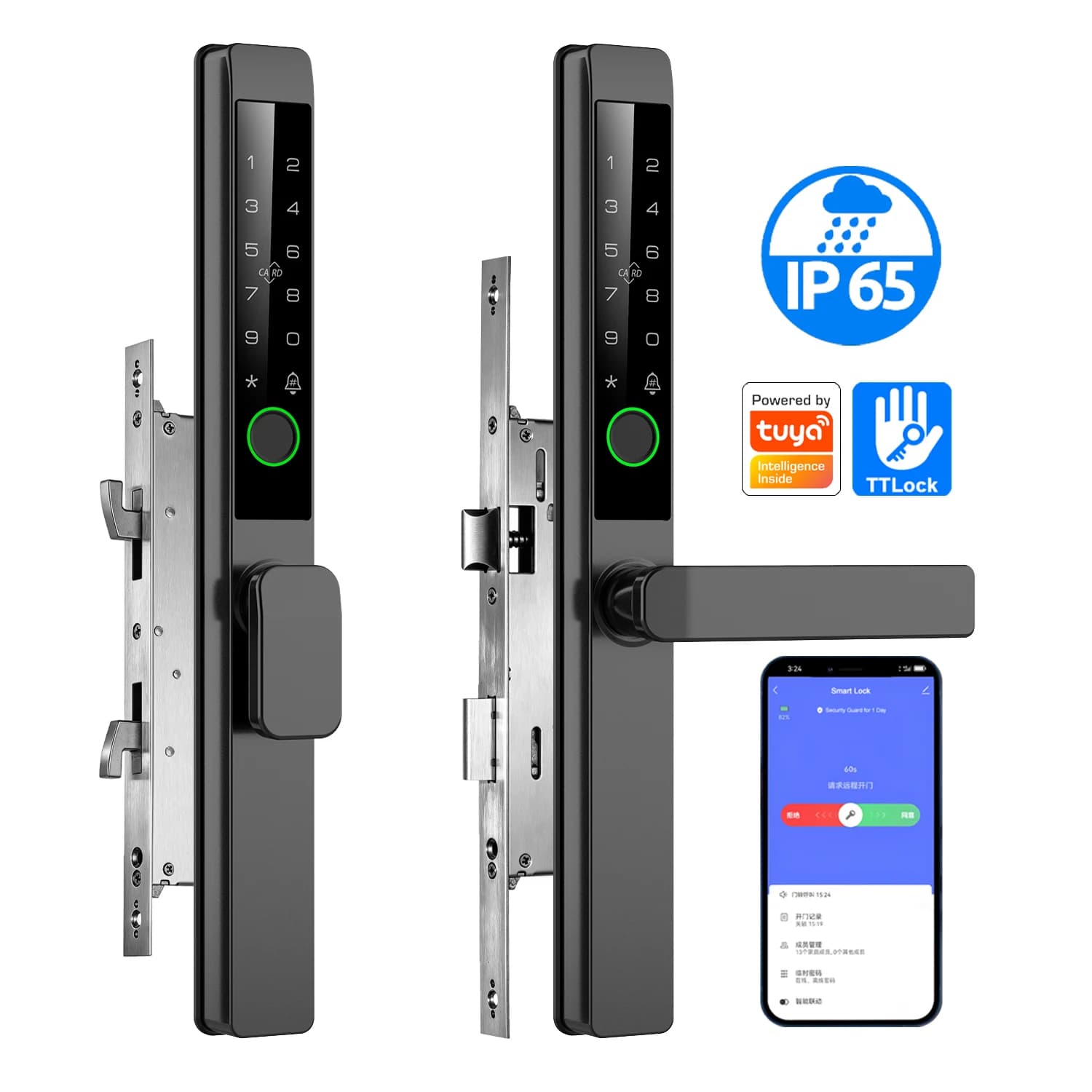 Tolink Key Card Password Tuya Wifi TTlock bluetooth App Waterproof Fingerprint Sliding Smart Aluminum Door Lock