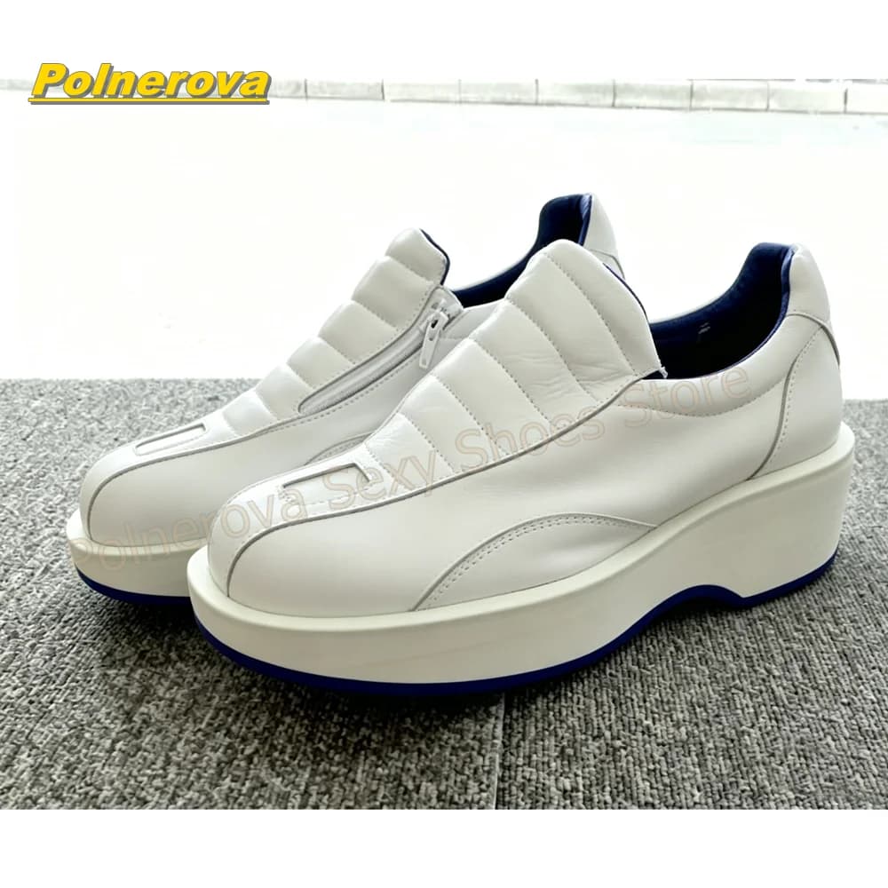 Women White Platform Slip On Sneakers Front Side Zipper Round Toe Thick Sole Designer Daily Street Fashion Shoes 2026 New Trend