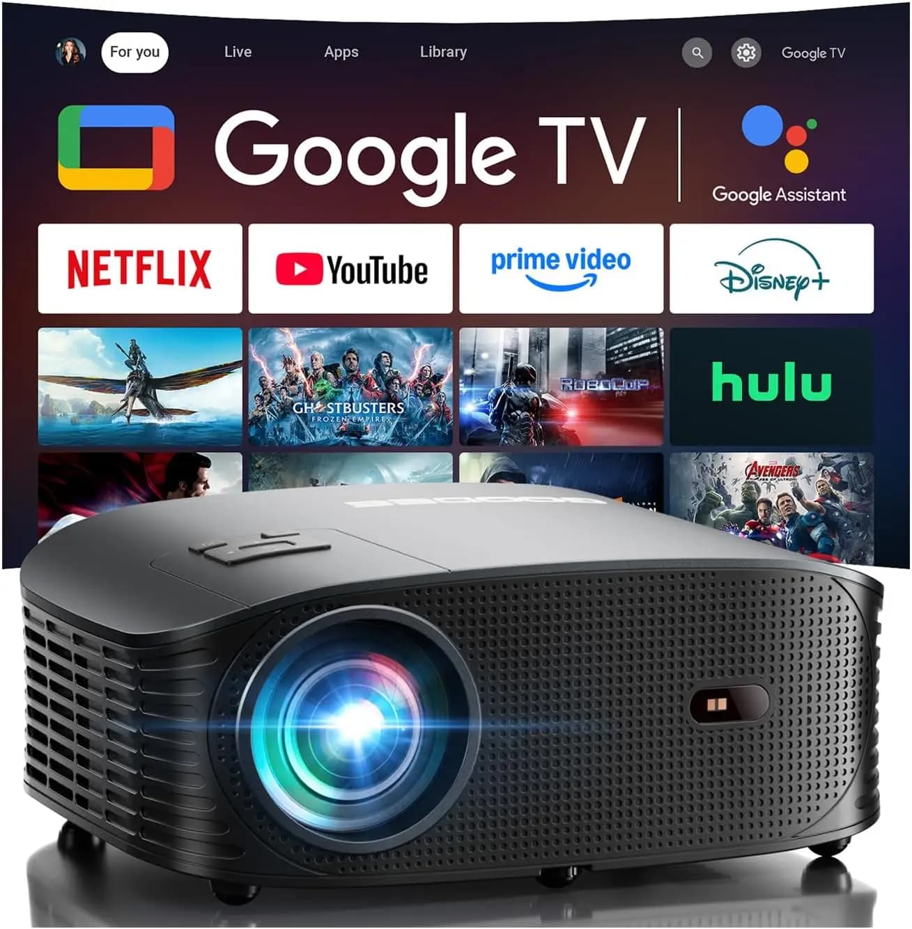 Mini Proiettore Smart 4K con WiFi, Bluetooth, Google TV, Netflix, YouTube, Autofocus, Portatile per Interni ed Esterni