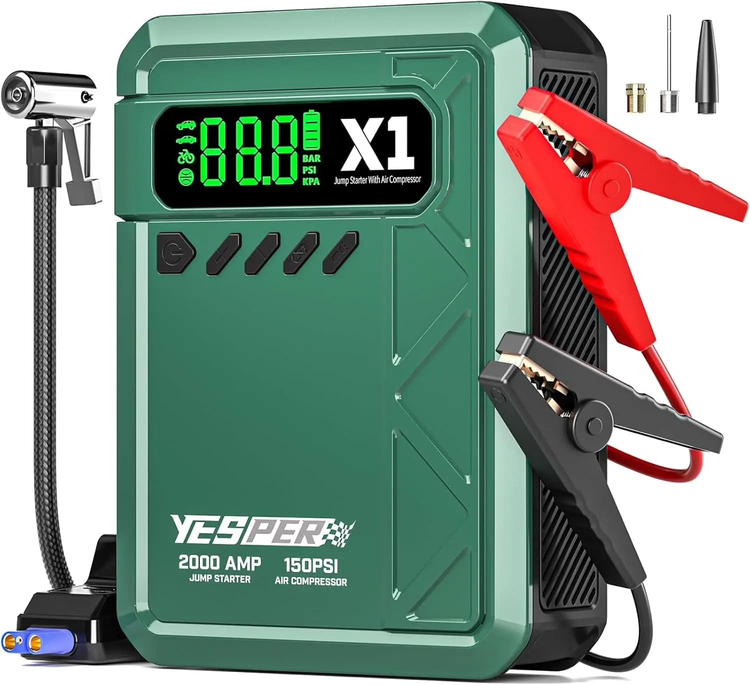 Avviatore di Emergenza Portatile 2000A con Compressore d'Aria, 150PSI per Auto fino a 8L Benzina/6L Diesel, Include Display LCD e Luci LED
