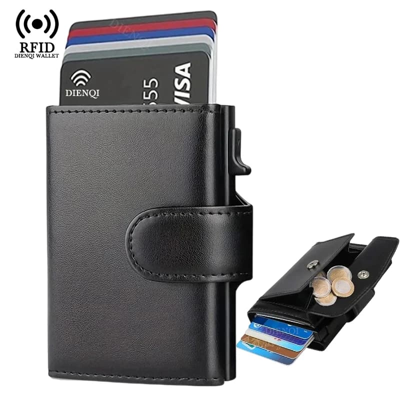 Porta carte da visita pop-up Portafoglio da uomo Rfid Porta carte di credito a tre ante con portamonete Hasp Porta carte da lavoro per uomo