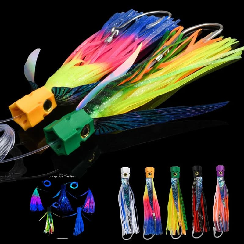 Set da 5 esche artificiali con ali per traina in acqua salata, 77g 225mm, per pesca in alto mare da barca, esca per tonno con gonna morbida, esca a polpo per traina