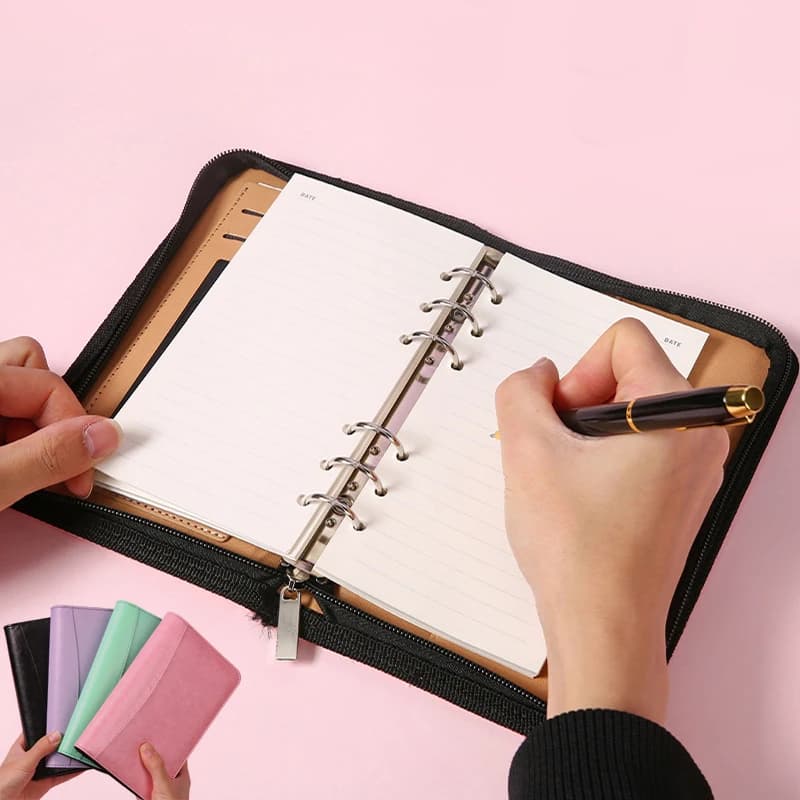 Portable A6 PU Leather 6-Hold Binder Notebook Zipper Budget Planner Diary Journal Calculator School Office Stationary Supplier