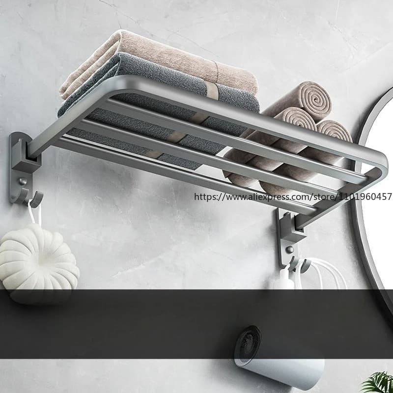 Portasciugamani da bagno grigio pistola, portasciugamani senza perforazione per WC, portasciugamani pieghevole in alluminio per spazio bagno, pendente per il bagno.