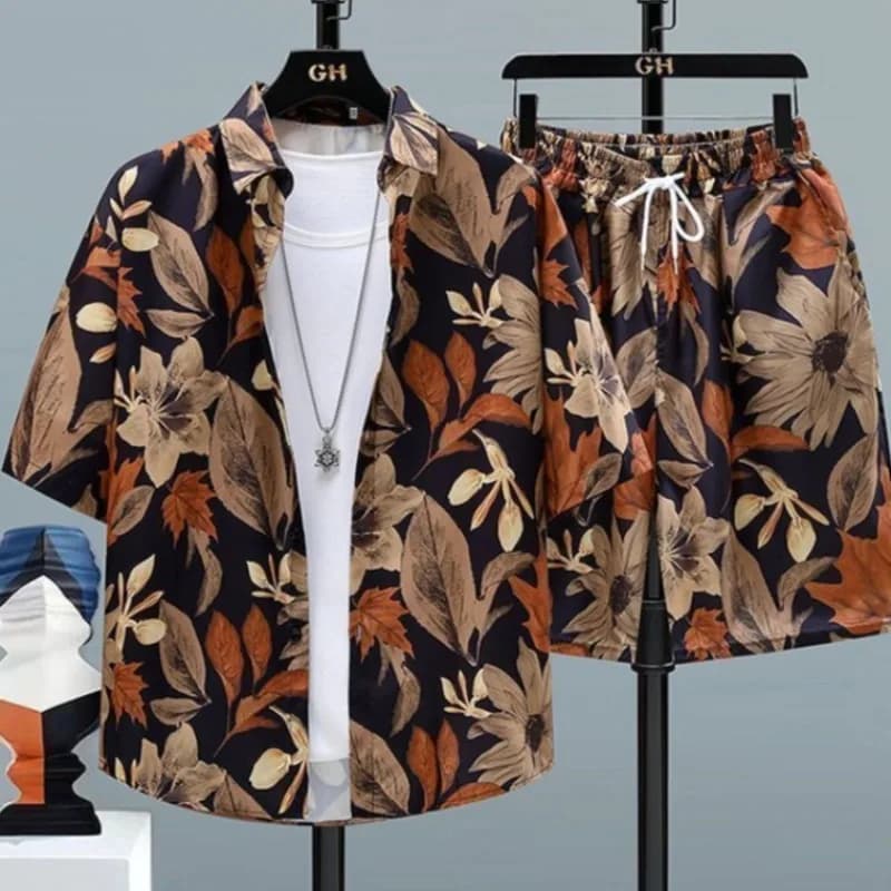 Trendy Men's Summer Shirt Set in Short Sleeve Ice Silk with Floral Print, Casual for Sea Holidays and Travel